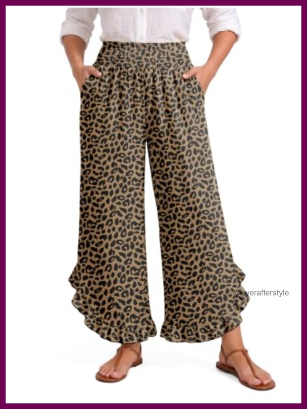 Wide Leg Palazzo Pants Smocked High Waist Ruffle Hem Flowy Cropped Pockets